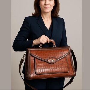 90s MARC CHANTEL BROWN CROCODILE-EMBOSSED & LEATHER TRIM CASE EMBOSSED HARDWARE